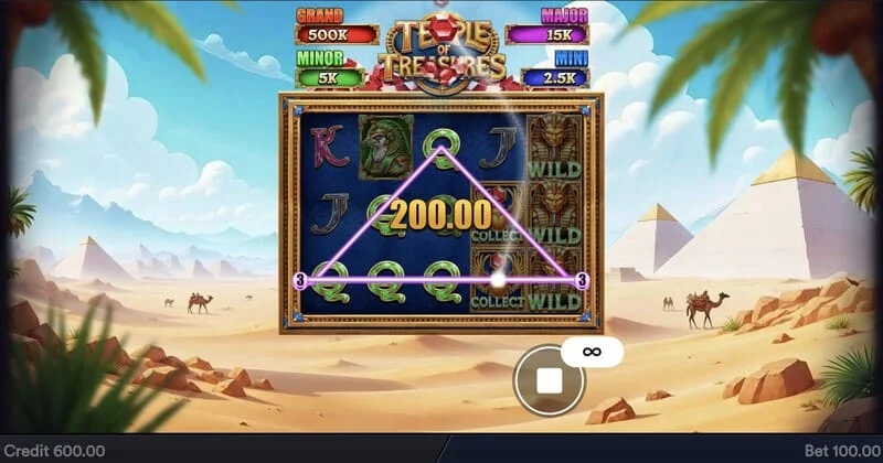 Temple of Treasures - main screen with reels and Egyptian setting